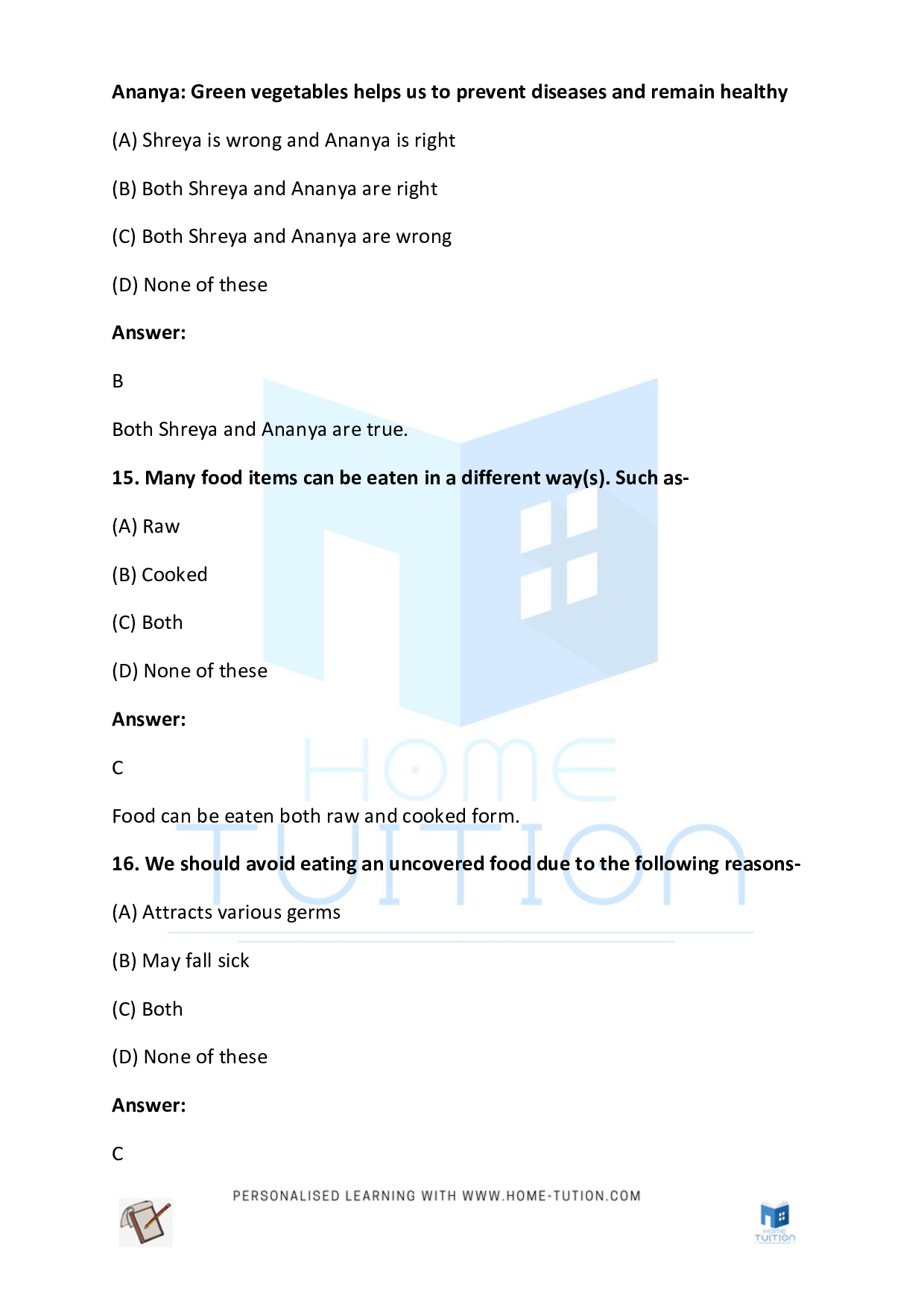 CBSE Class 2 Worksheet for EVS Chapter Air, Water, Food, Shelter Questions with Answers