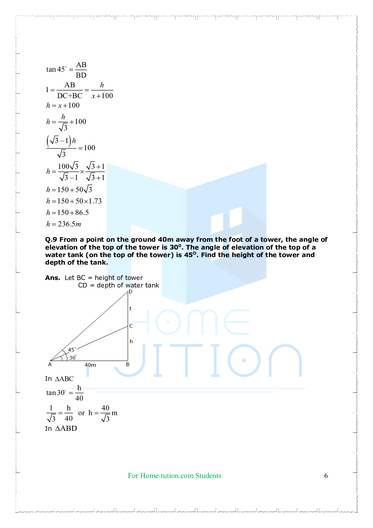 Chapter-9 Some Applications of Trigonometry Questions
