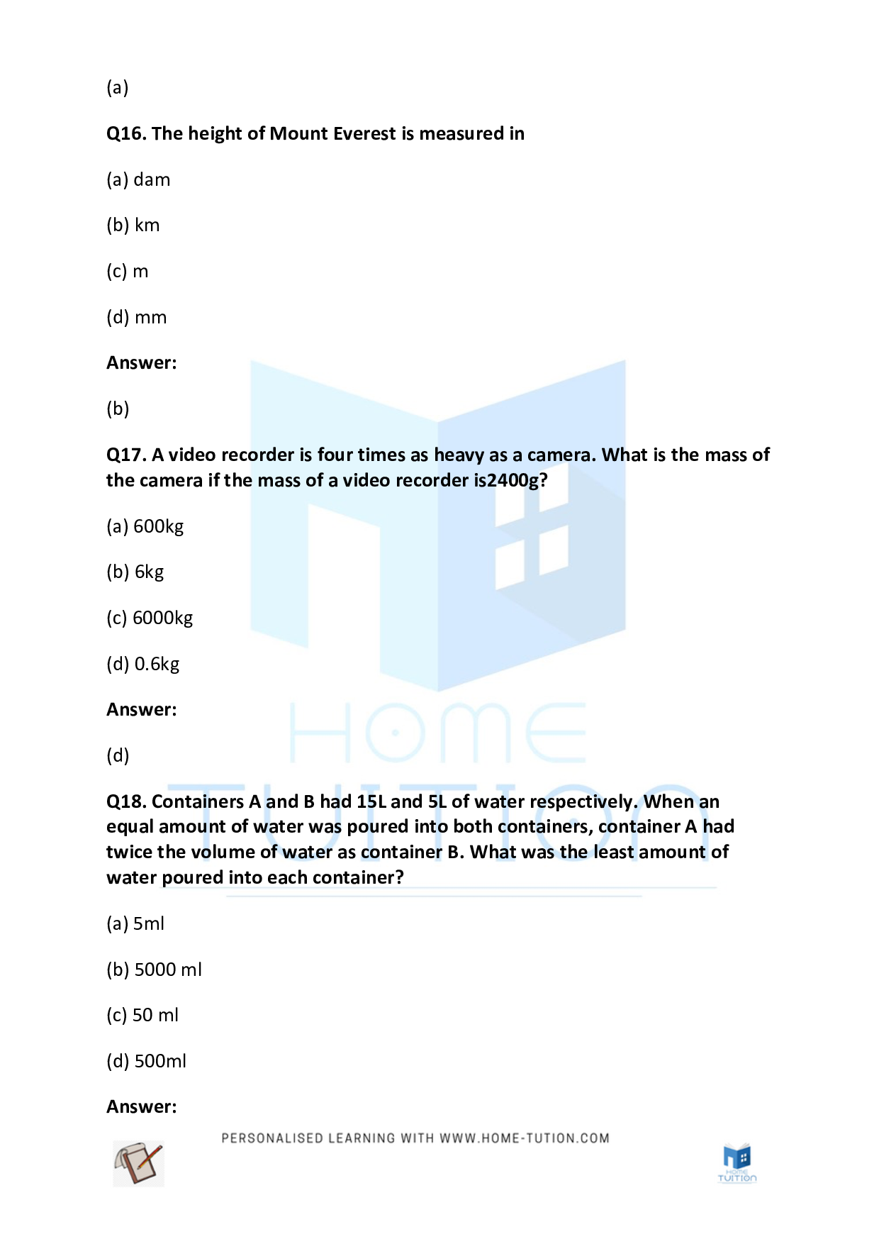 CBSE Class 5 Maths Measurement Worksheet with Answers PDF 