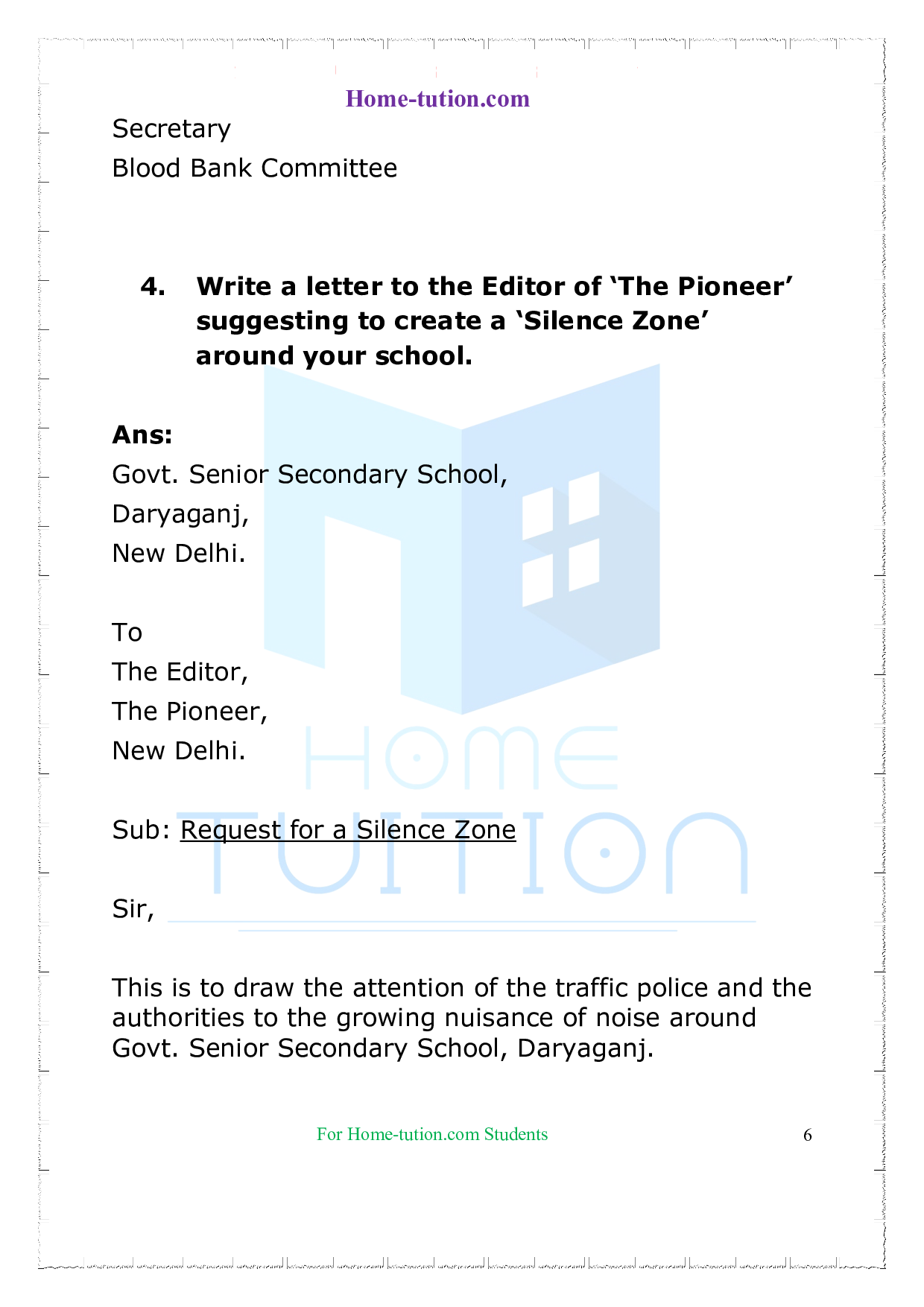 Important Questions on Class 8 English Letter Formal