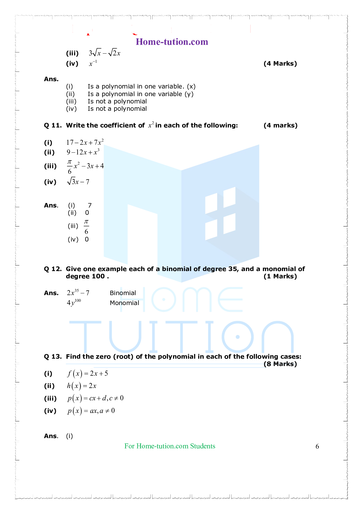 case study questions for class 9 maths polynomials