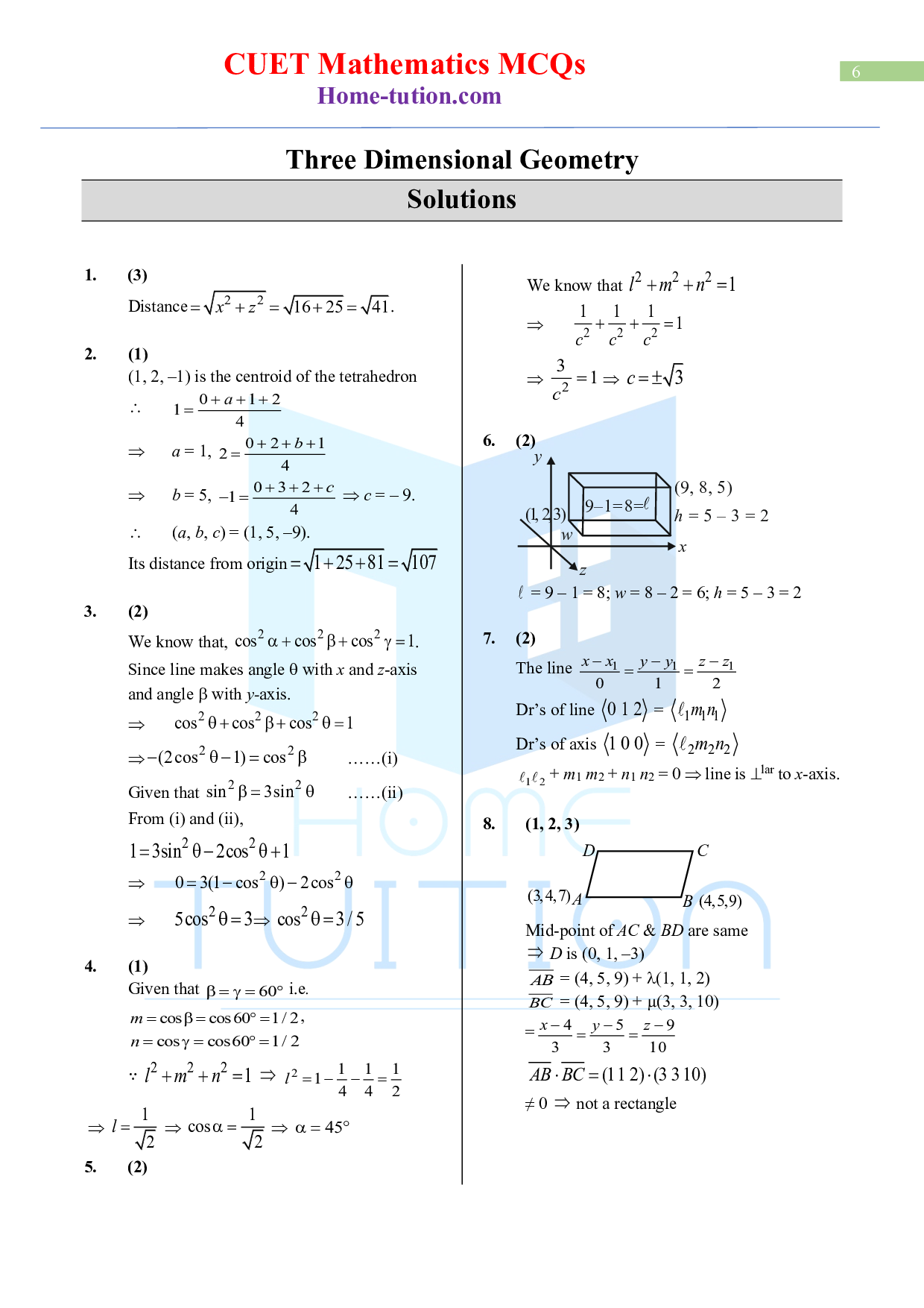 CUET MCQ Questions For Maths Chapter-14 Three-Dimensional Geometry