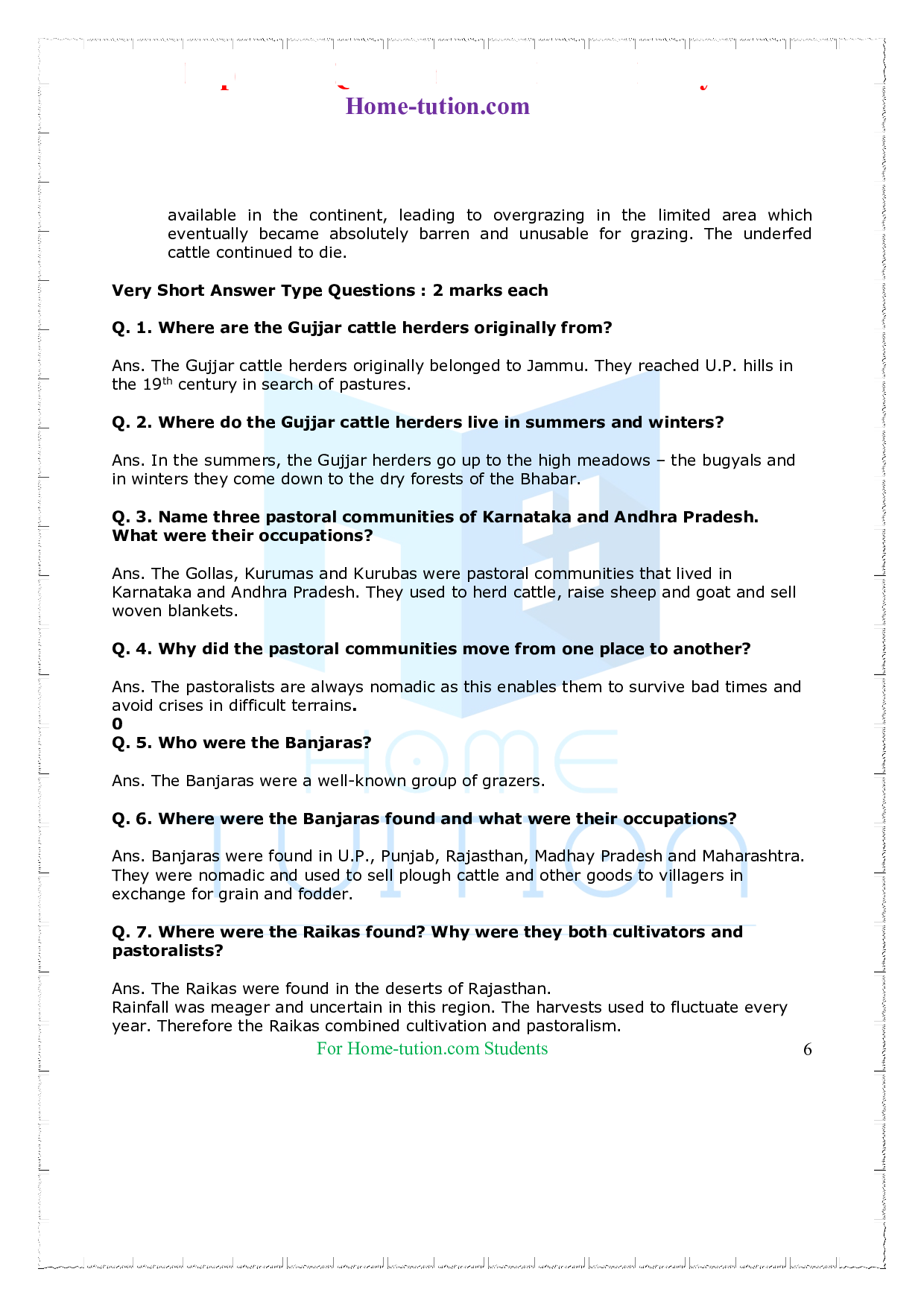 Questions for Class 9 History Chapter 5 Pastoralists in the Modern World