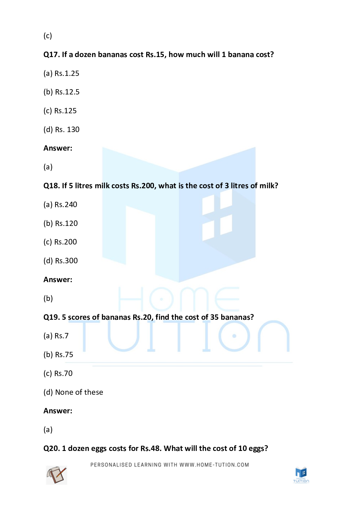 CBSE Class 5 Maths Unitary Method Worksheet with Answers PDF 