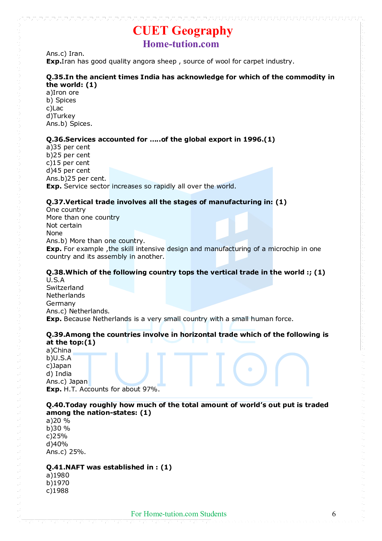 CUET Fundamentals of Human Geography Chapter 9 International Trade