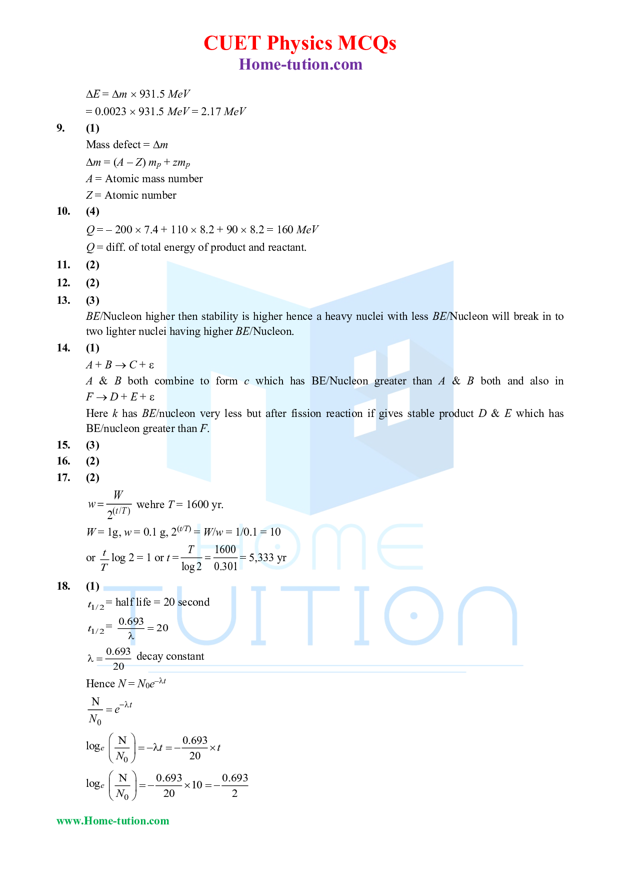 CUET MCQ Questions For Physics Chapter-13 Nuclei
