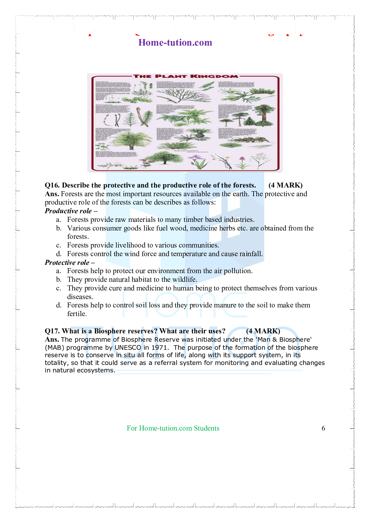 Questions for Class 9 Geography Chapter 5 Natural Vegetation and Wildlife
