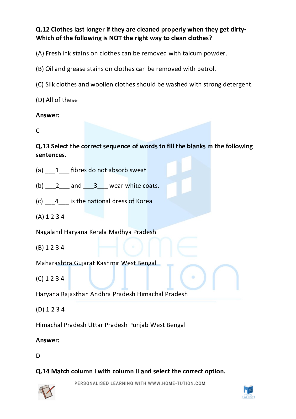 CBSE Class 4 Worksheet for EVS Chapter Clothes We Wear Questions with Answers 