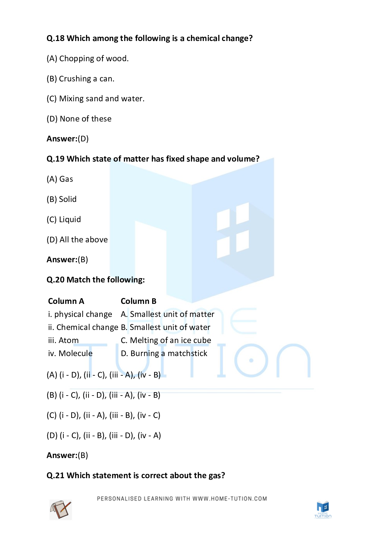 CBSE Class 5 Worksheet for EVS Chapter Matter and Materials Questions with Answers