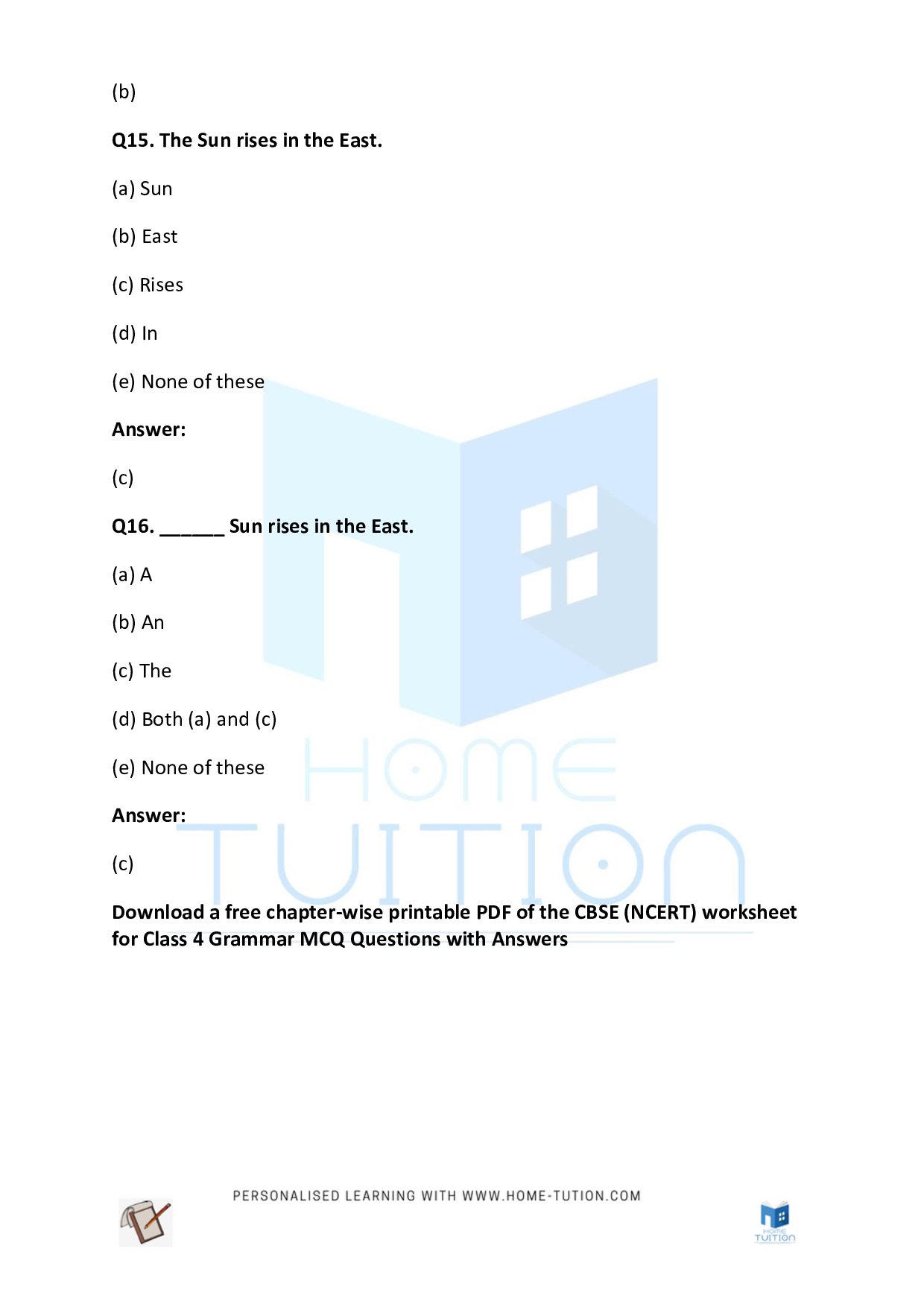 CBSE NCERT Class 4 English Grammar Worksheet with Answers PDF