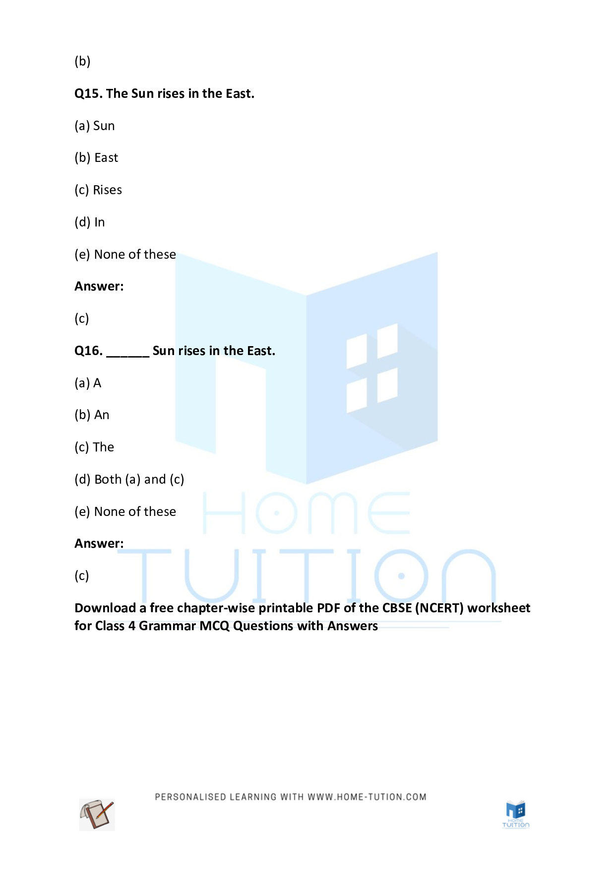 CBSE Worksheet For Class 4 English Grammar Free PDF Home Tution