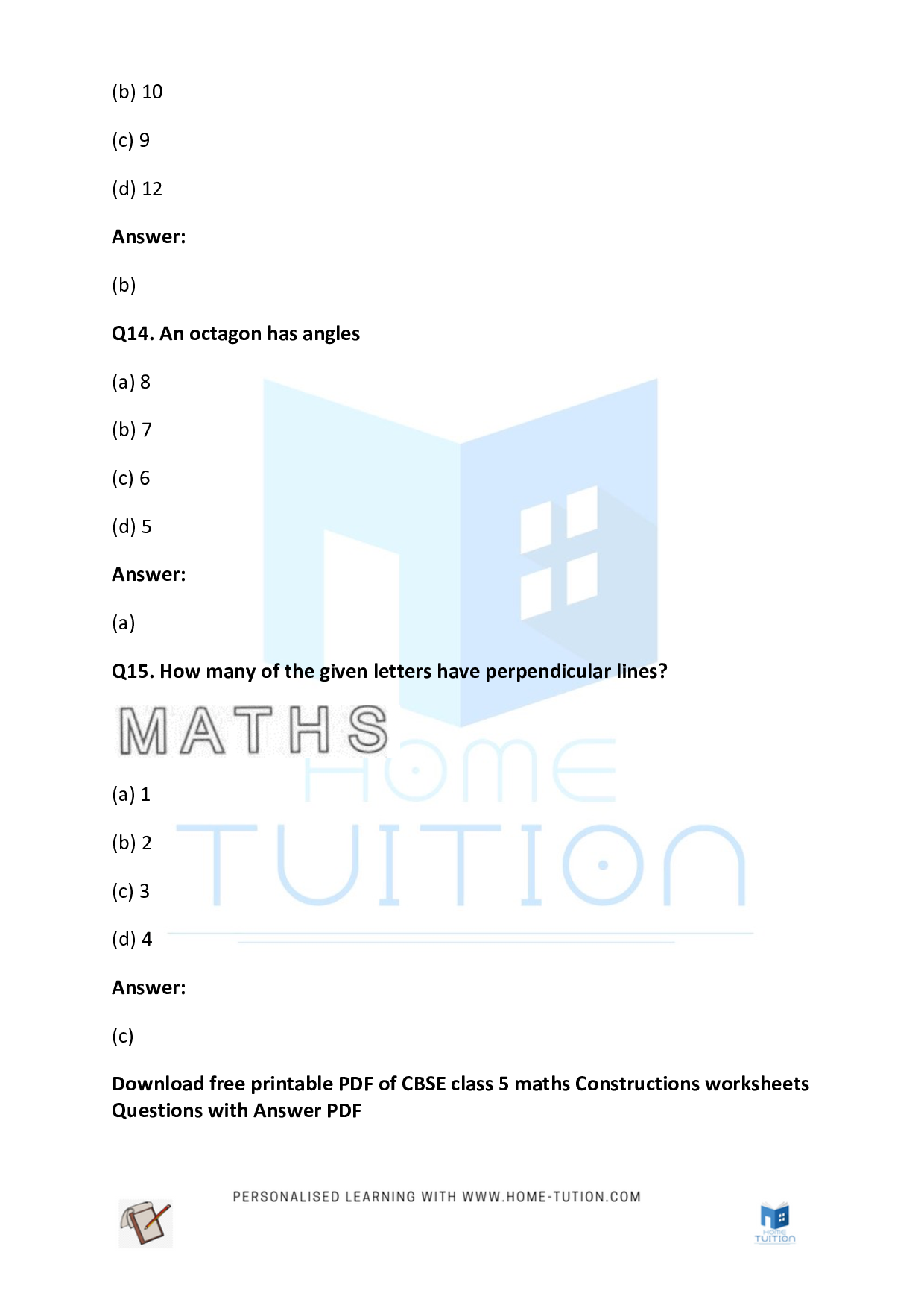 CBSE Class 5 Maths Constructions Worksheet with Answers PDF 