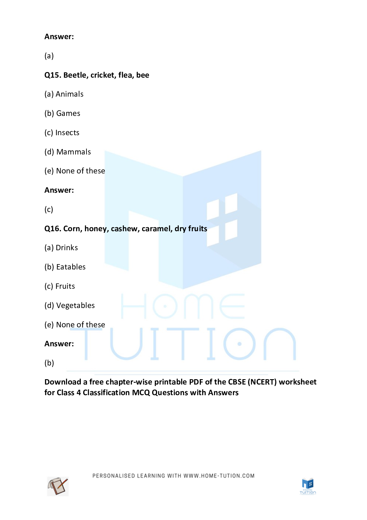 CBSE Worksheet For Class 4 English Classification Free PDF Home Tution
