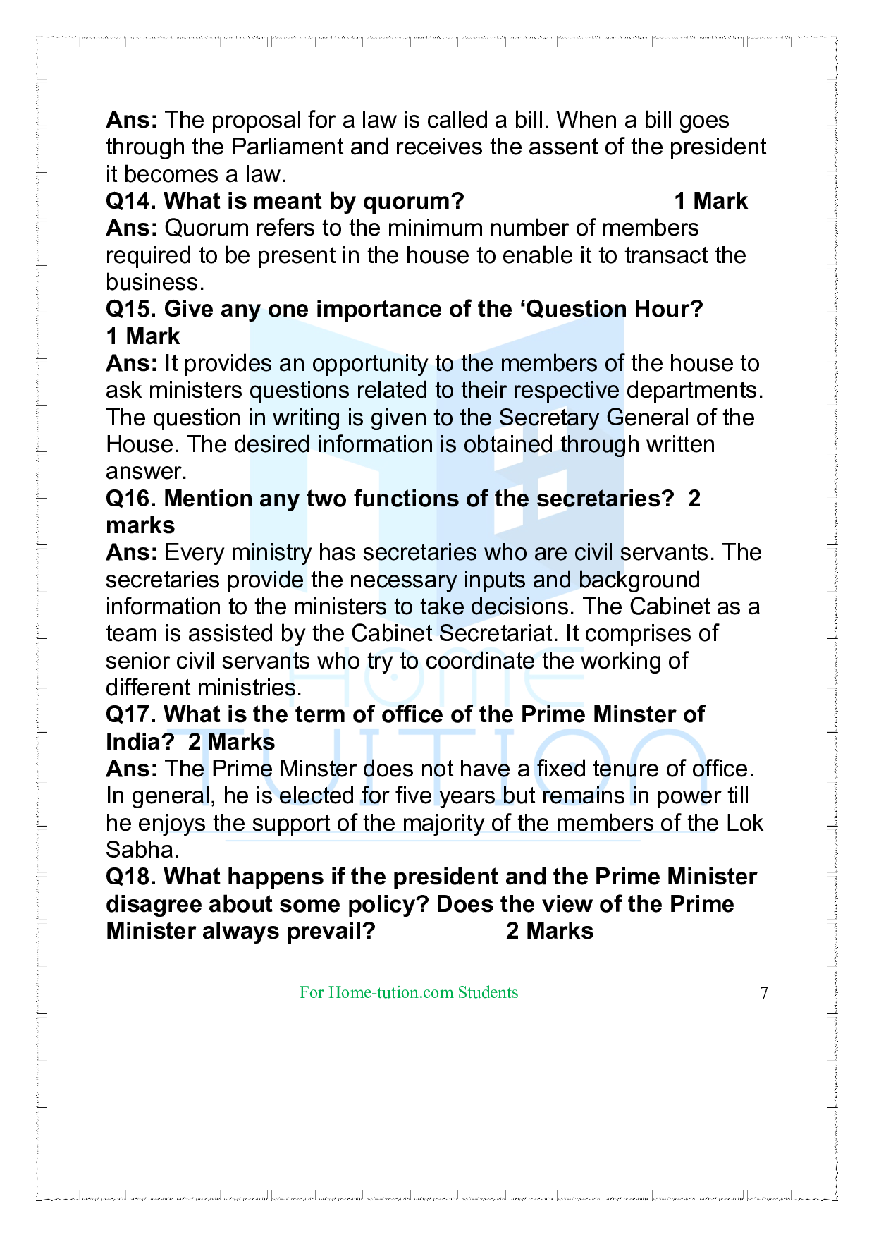 Questions for Class 9 Civics Chapter 4 Working of Institutions