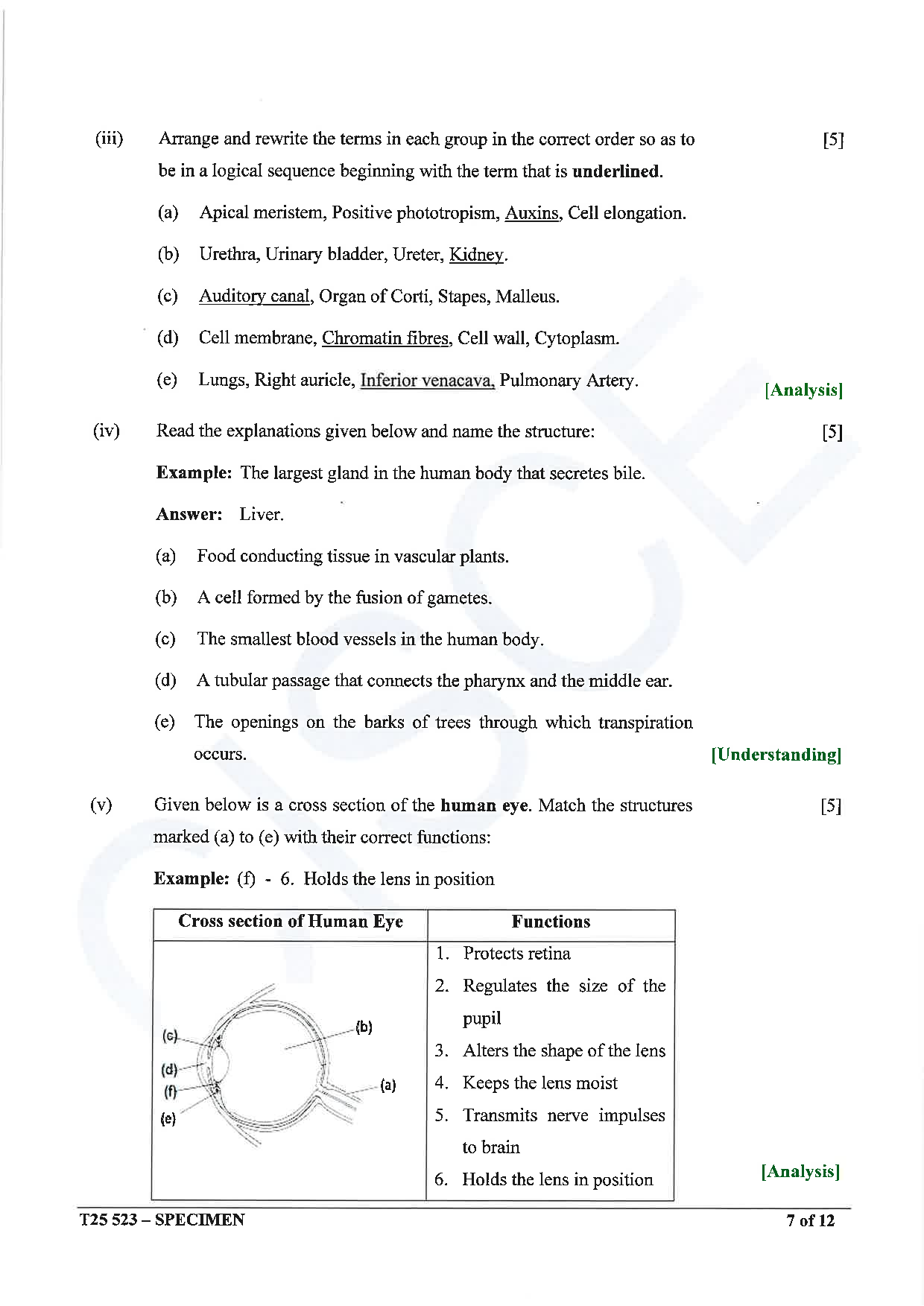 ICSE Board Sample Paper for class 10 Biology