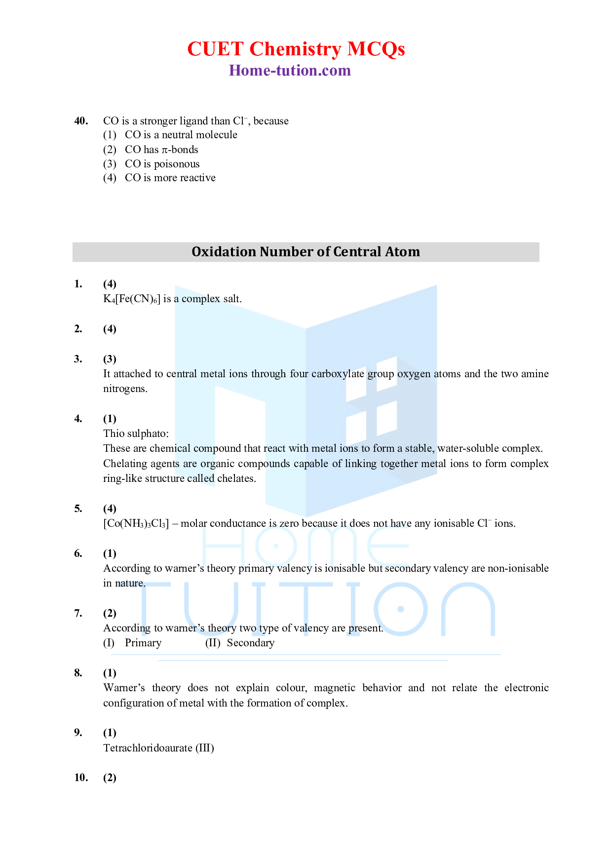 CUET MCQ Questions For Chapter-09 Coordination Compounds