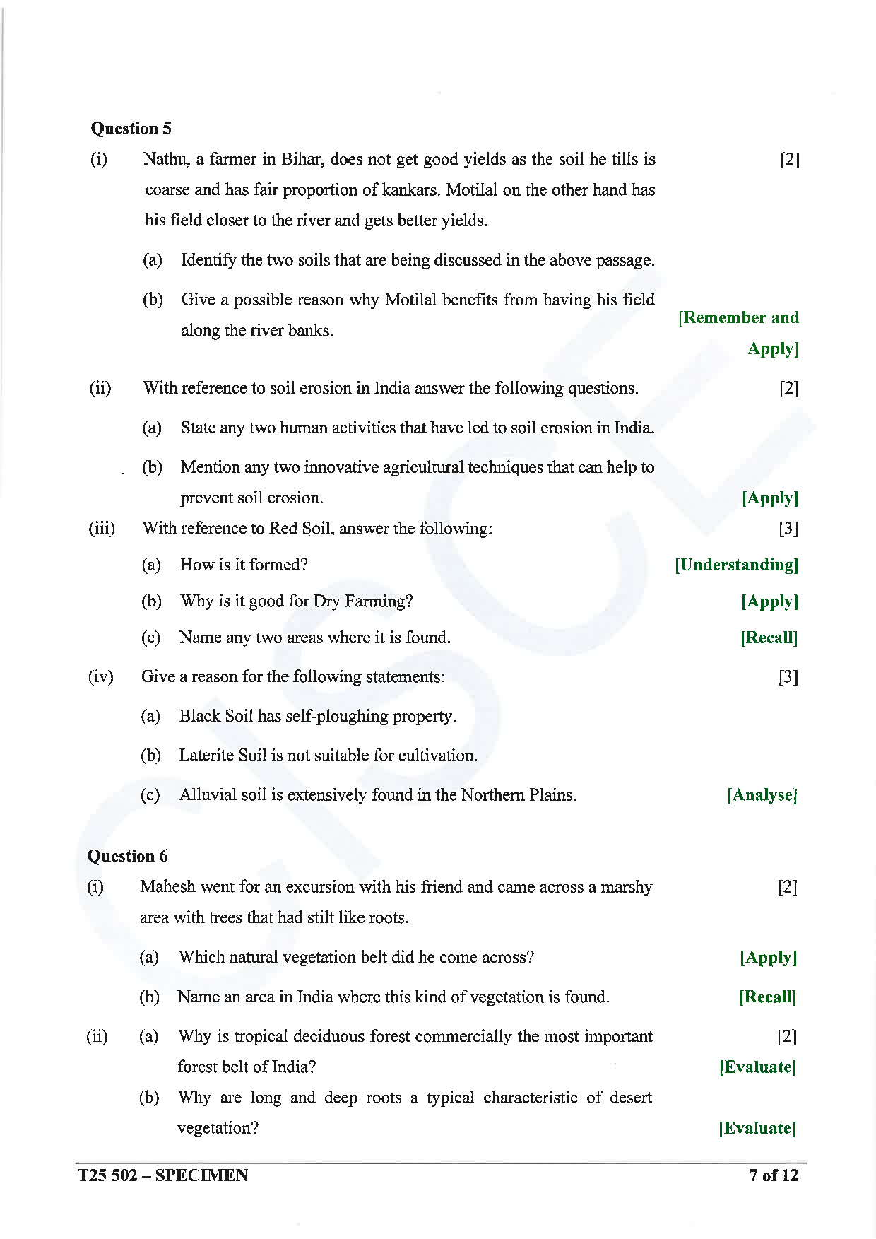 ICSE Board Sample Paper for class 10 Geography