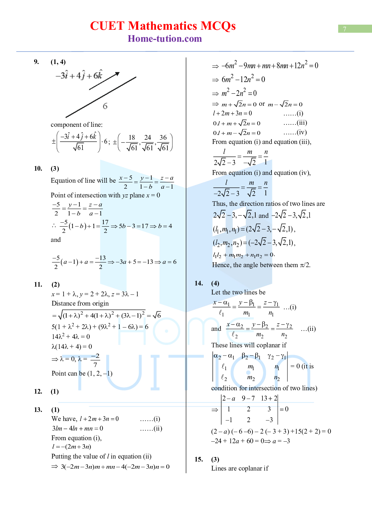 CUET MCQ Questions For Maths Chapter-14 Three-Dimensional Geometry