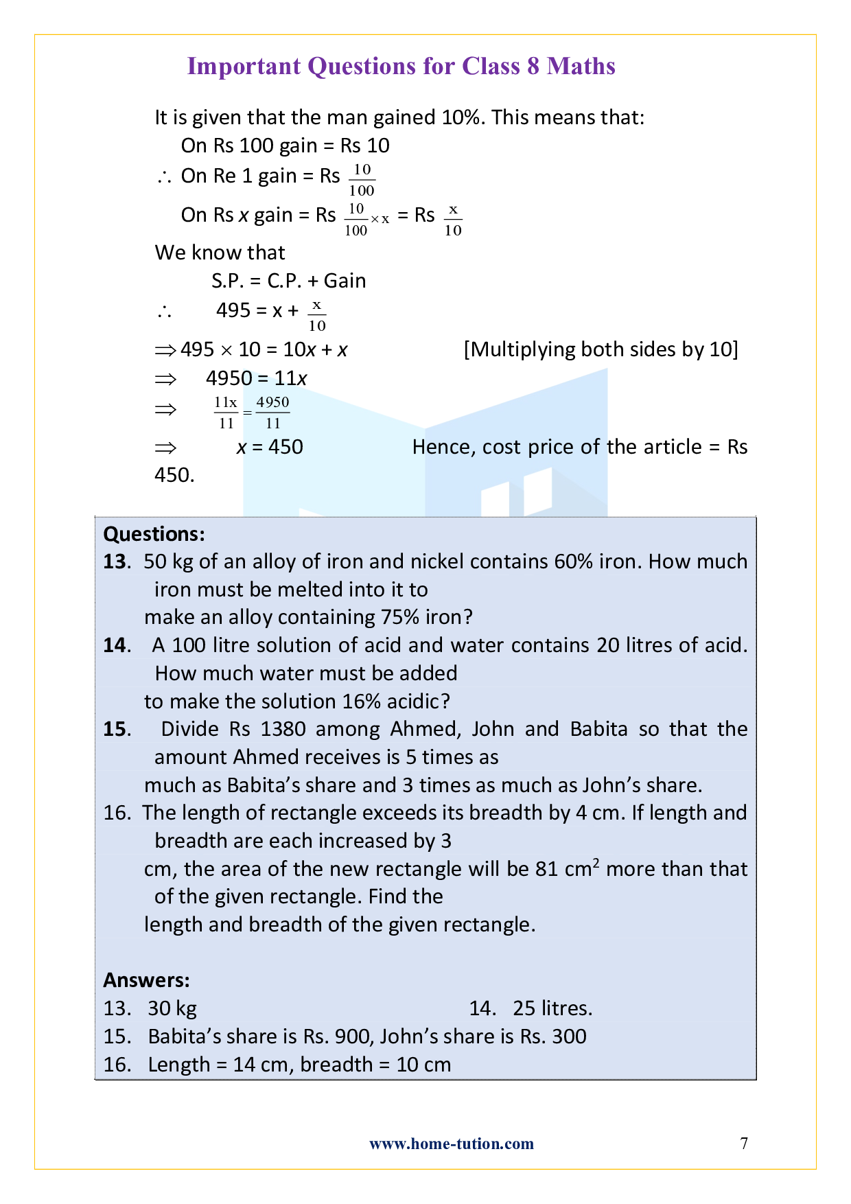 Important Questions for Chapter 2-Linear Equations in One Variable