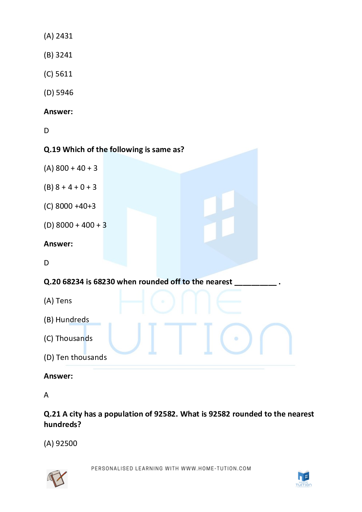 CBSE (NCERT) Class 4 Maths Numbers Worksheet Questions with Answers 