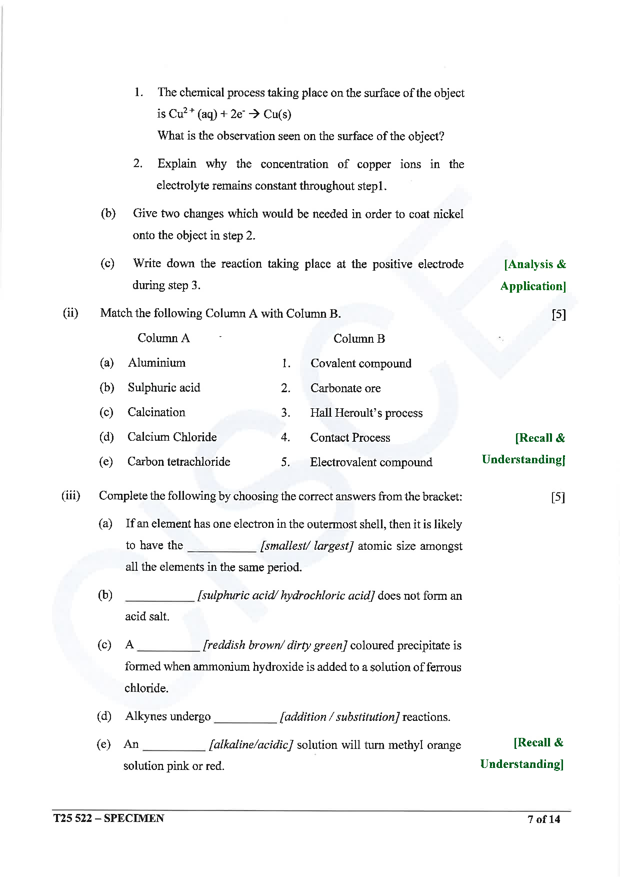 ICSE Board Sample Paper for class 10 chemistry