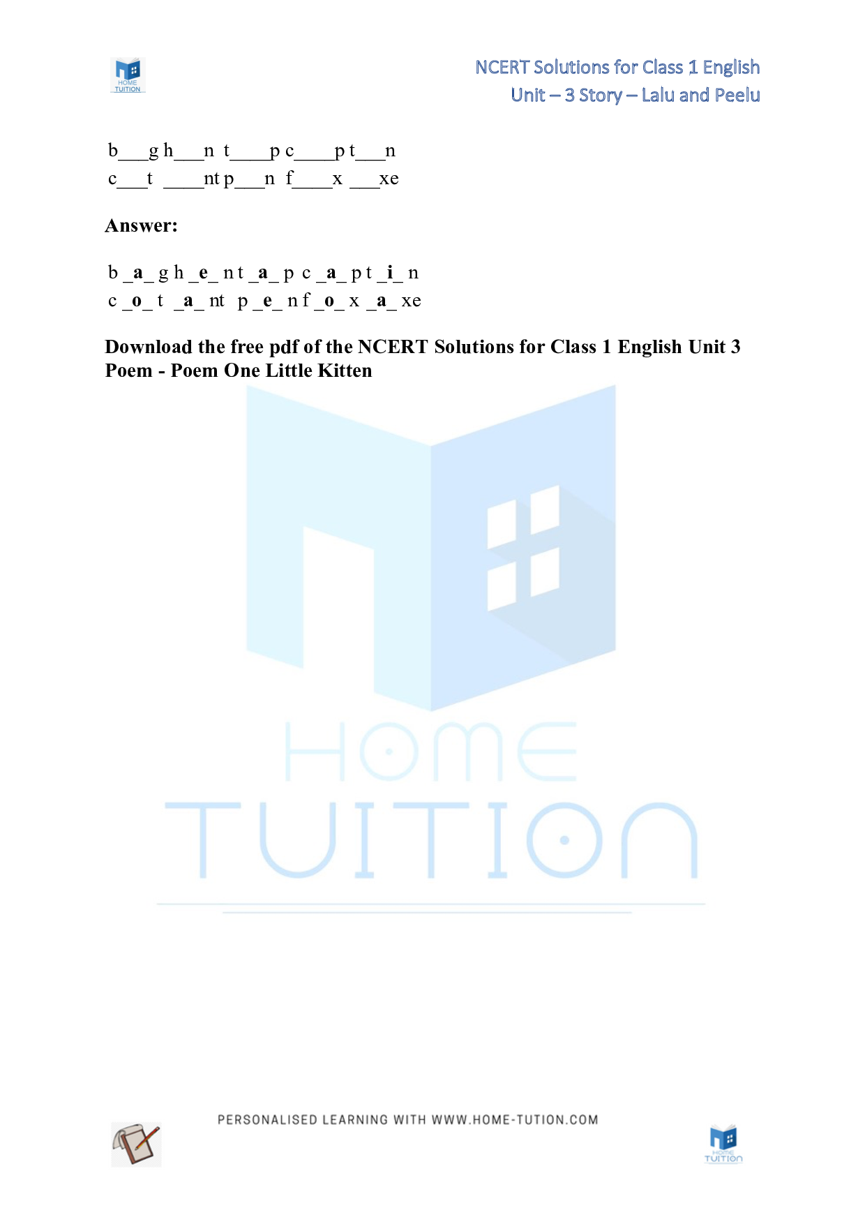 NCERT Solutions for Class 1 English Unit 3 Poem - Poem One Little Kitten