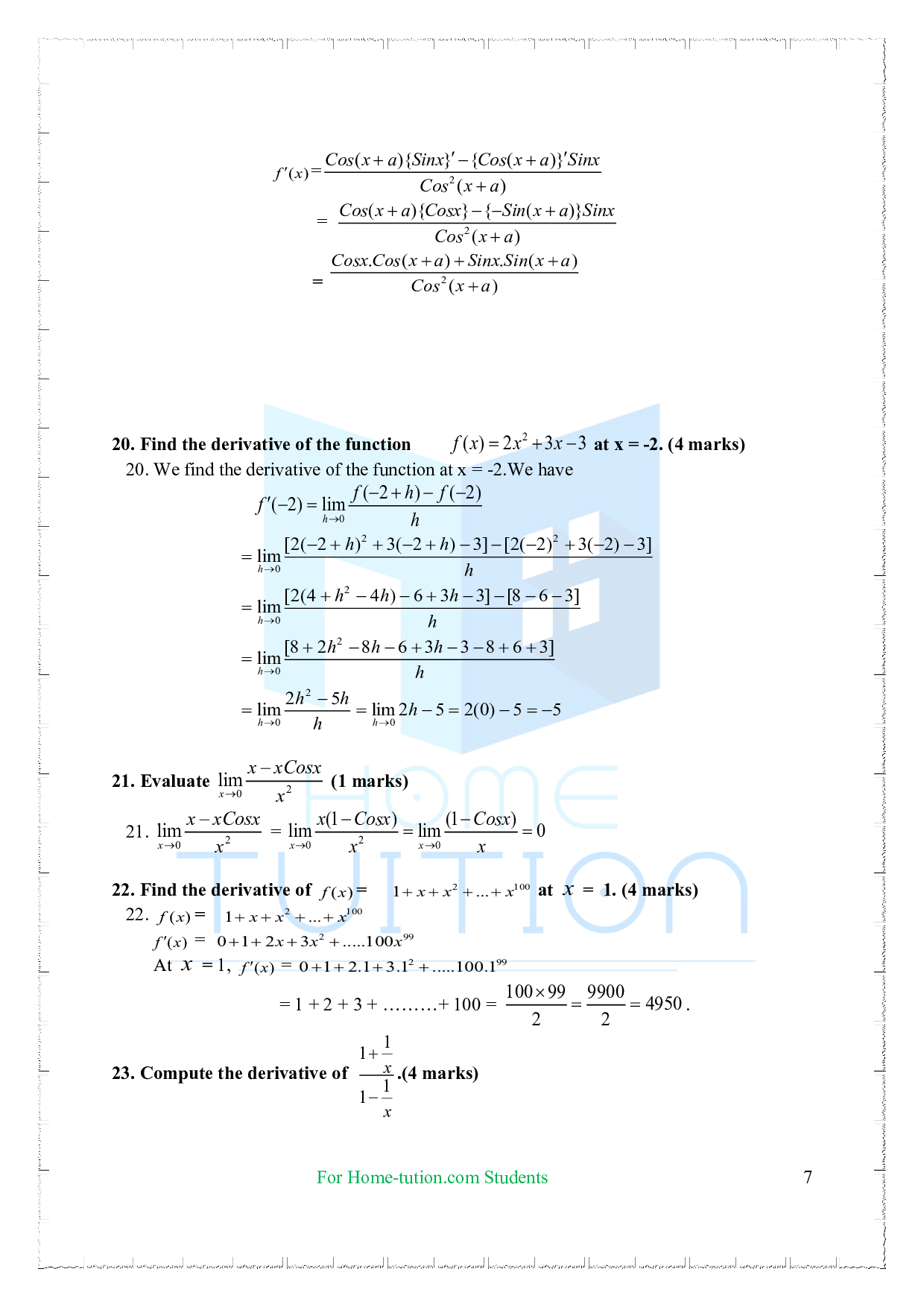 Chapter 13 Limits and Derivatives Questions