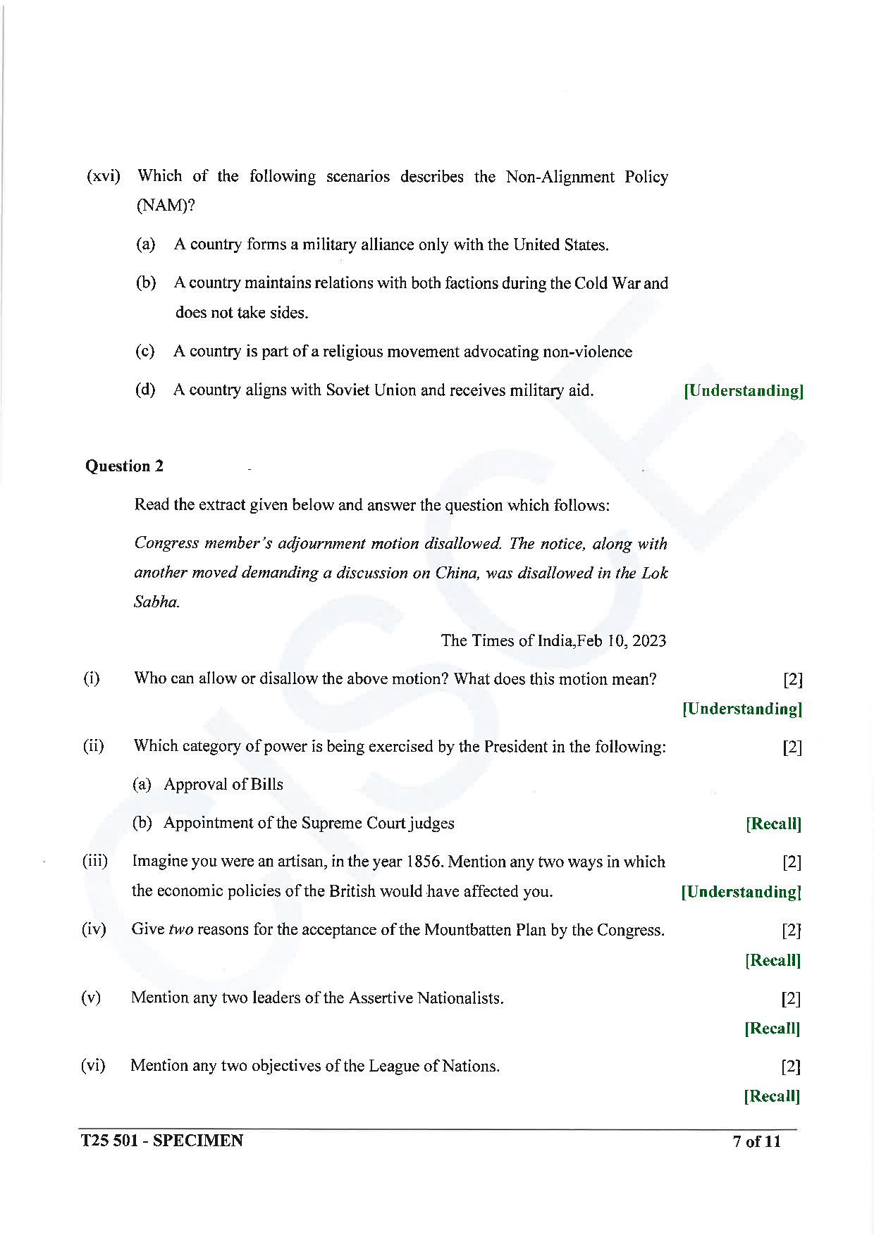 ICSE Board Sample Paper for class 10 History & Civics