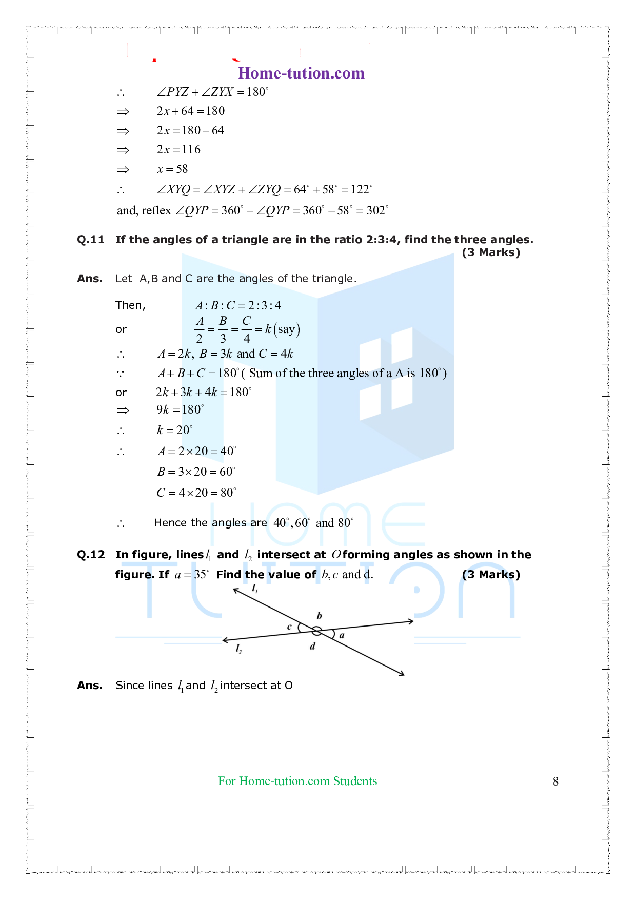 Questions for Class 9 Maths Chapter 6 Lines and Angles