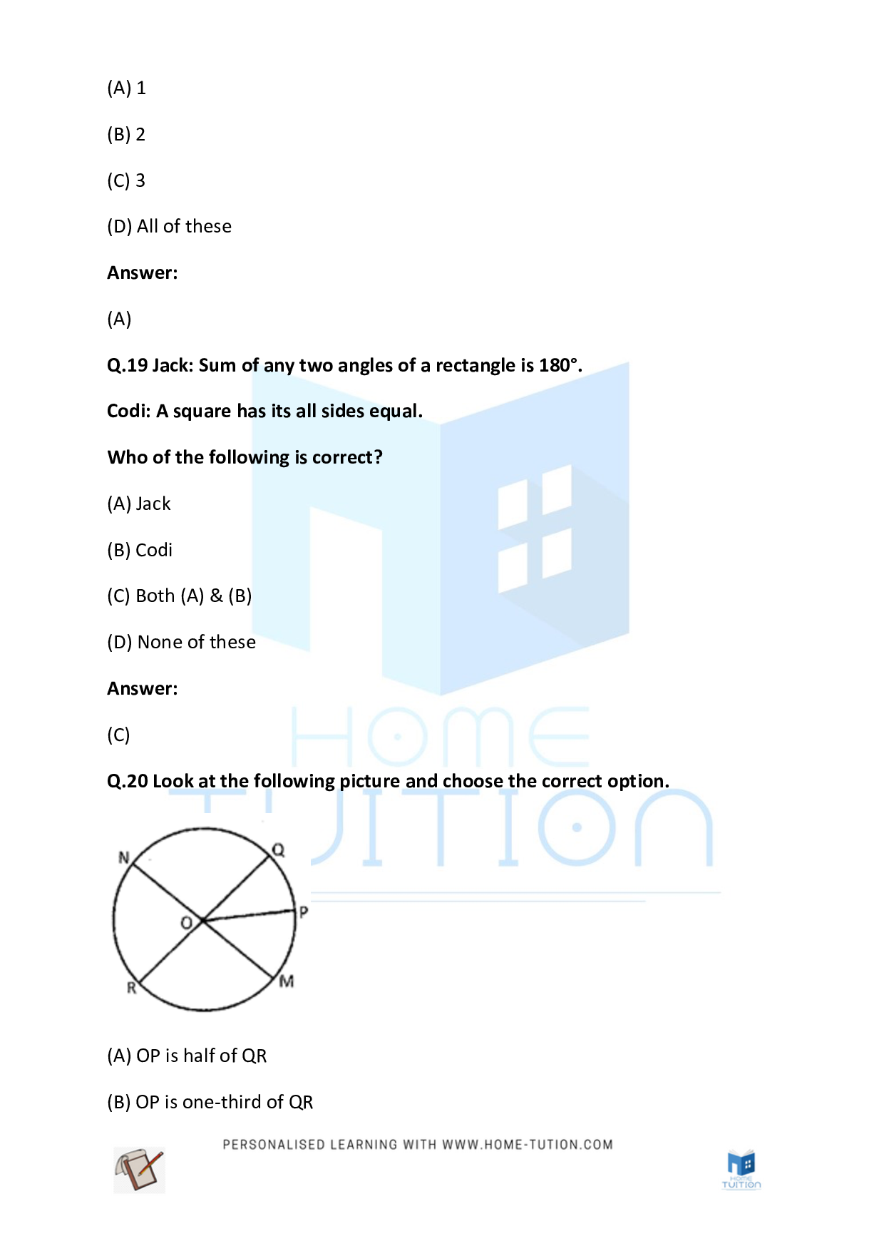 CBSE (NCERT) Class 4 Maths Geometrical Figures Worksheet Questions with Answers 