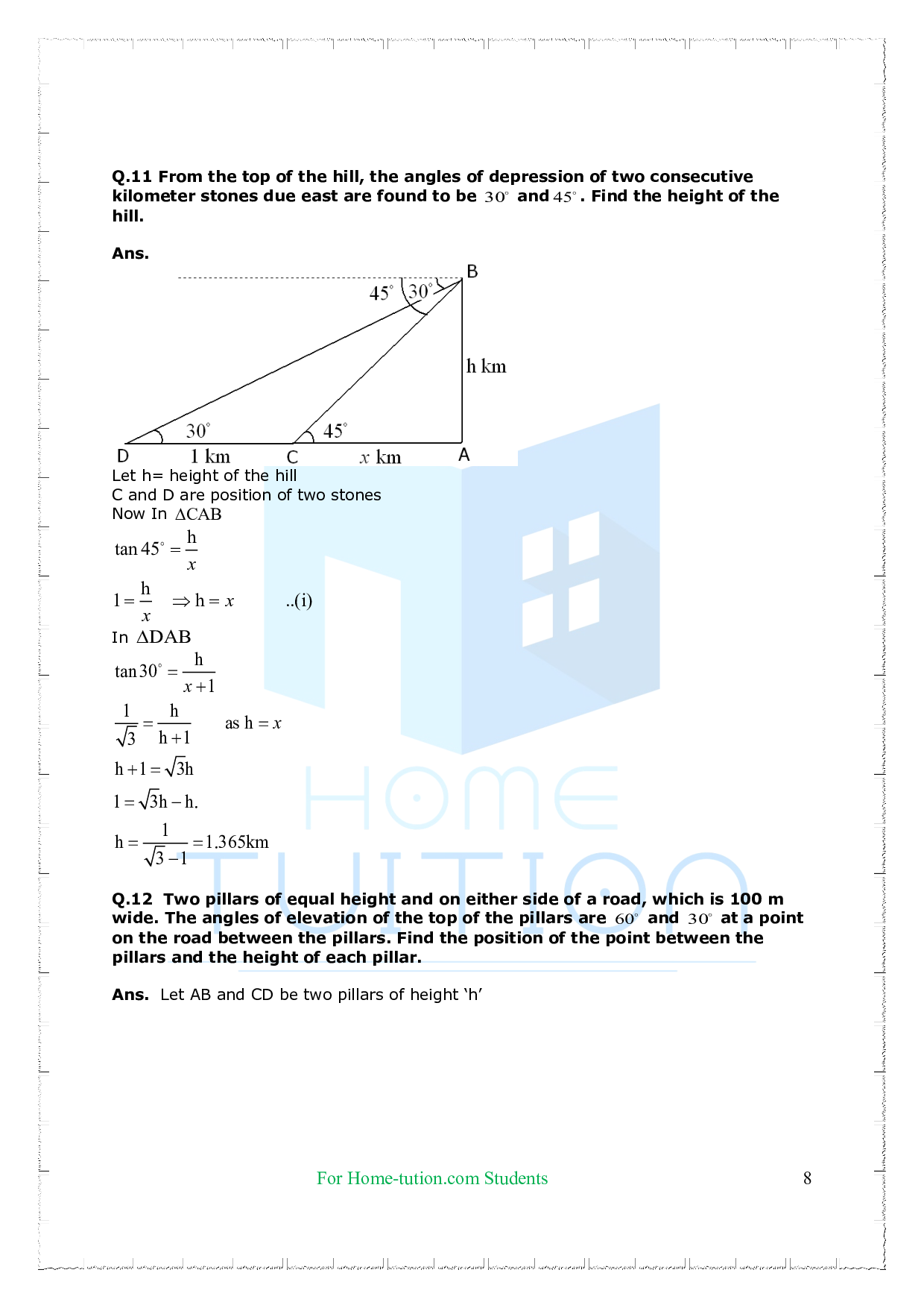 Chapter-9 Some Applications of Trigonometry Questions