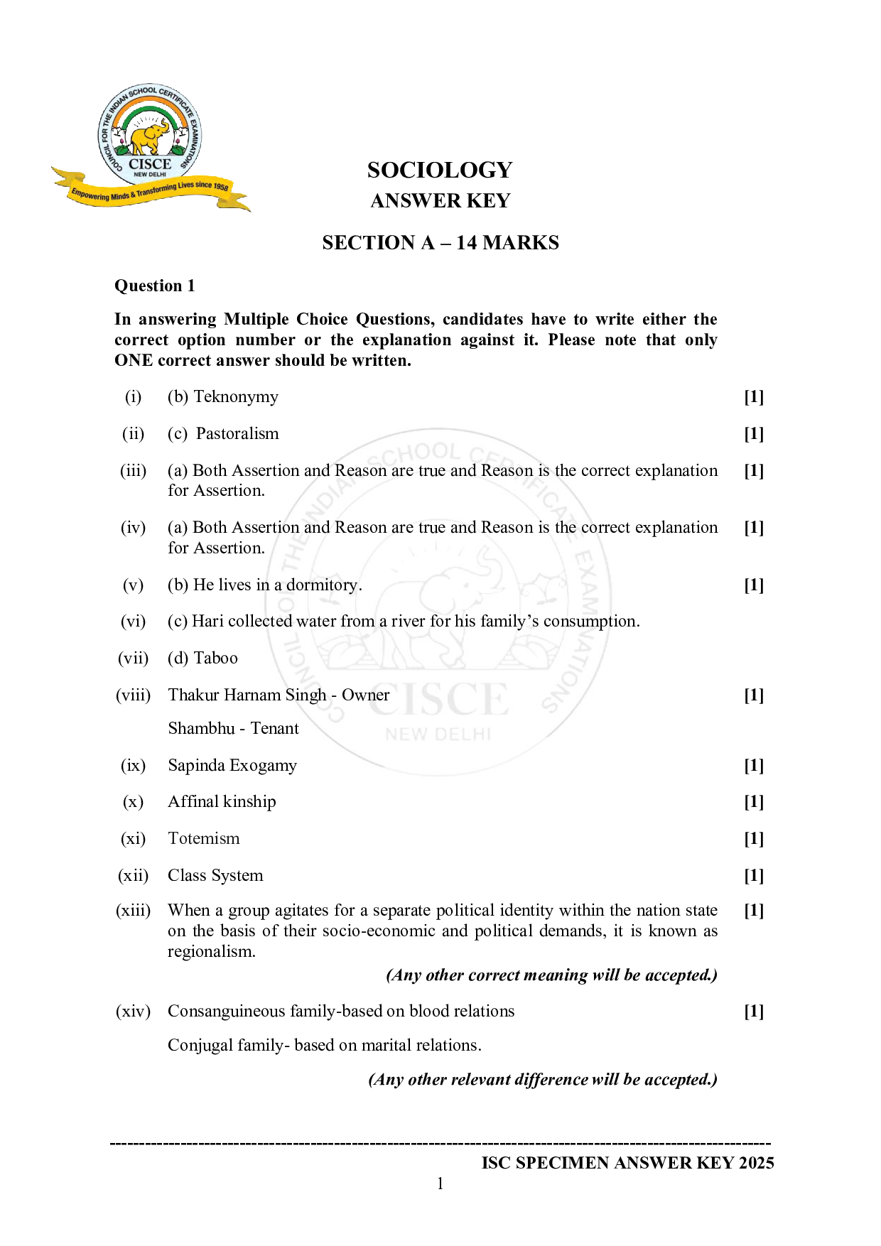 ISE Sample paper for Sociology 