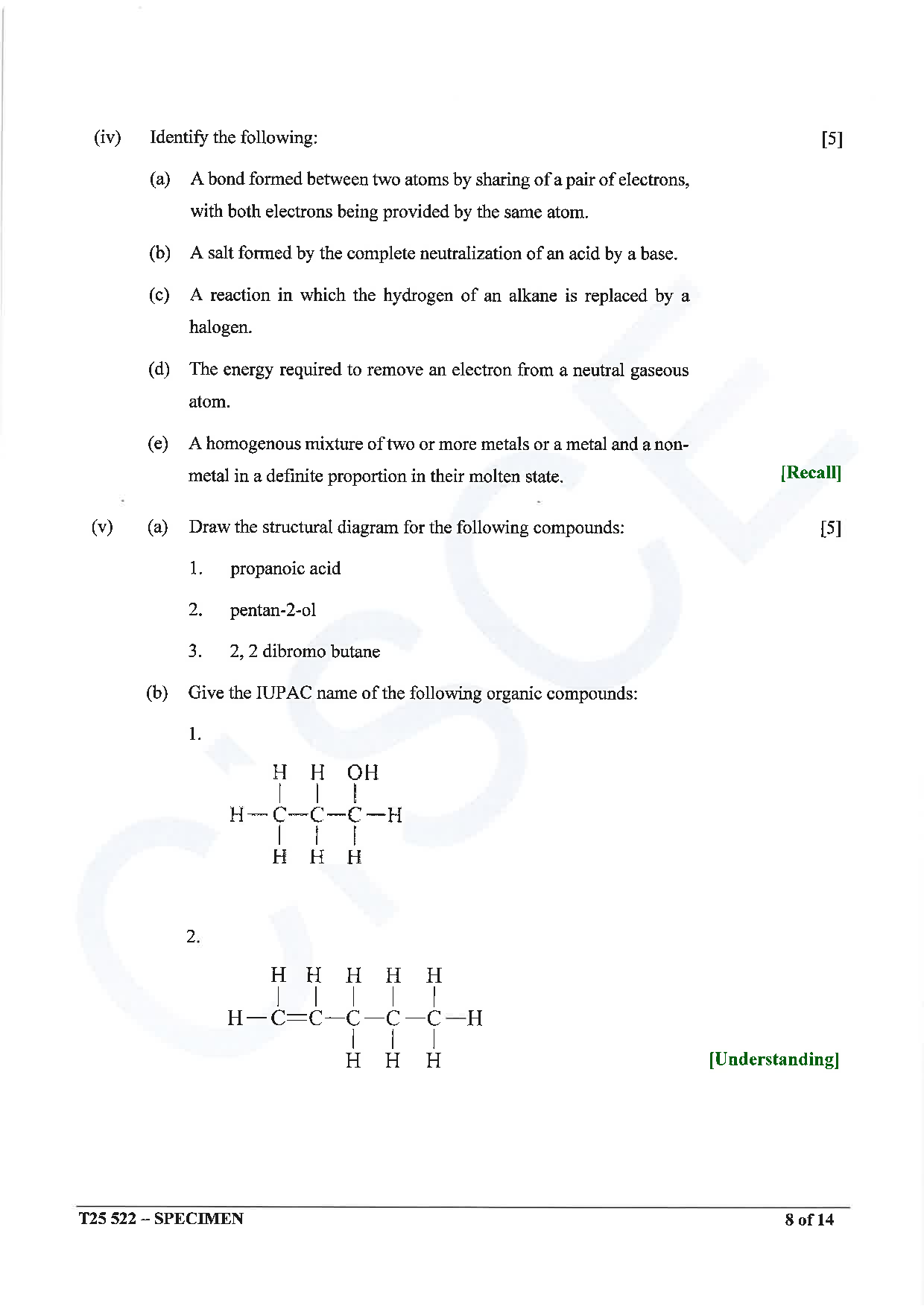 ICSE Board Sample Paper for class 10 chemistry