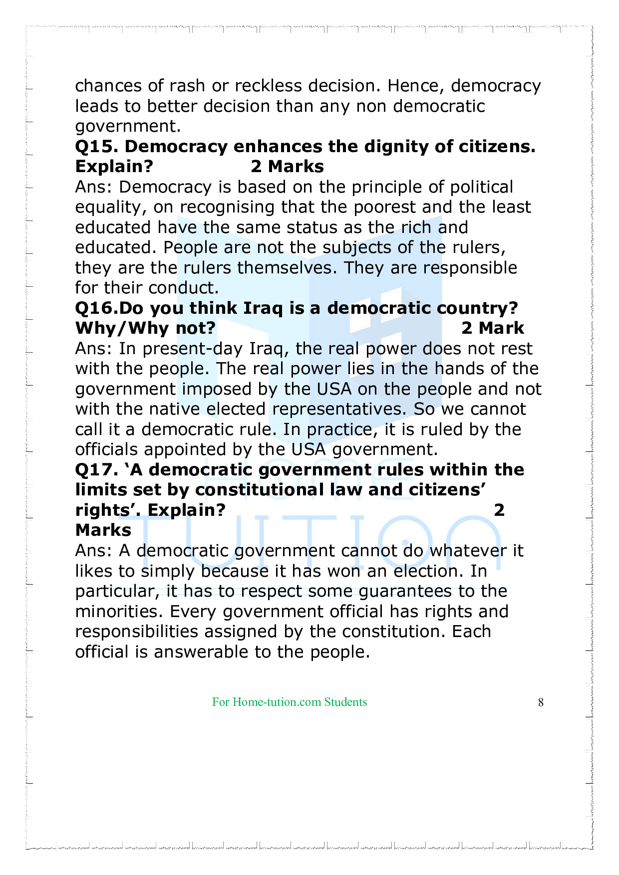 Questions for Class 9 Civics Chapter 1 What is Democracy? Why Is Democracy?