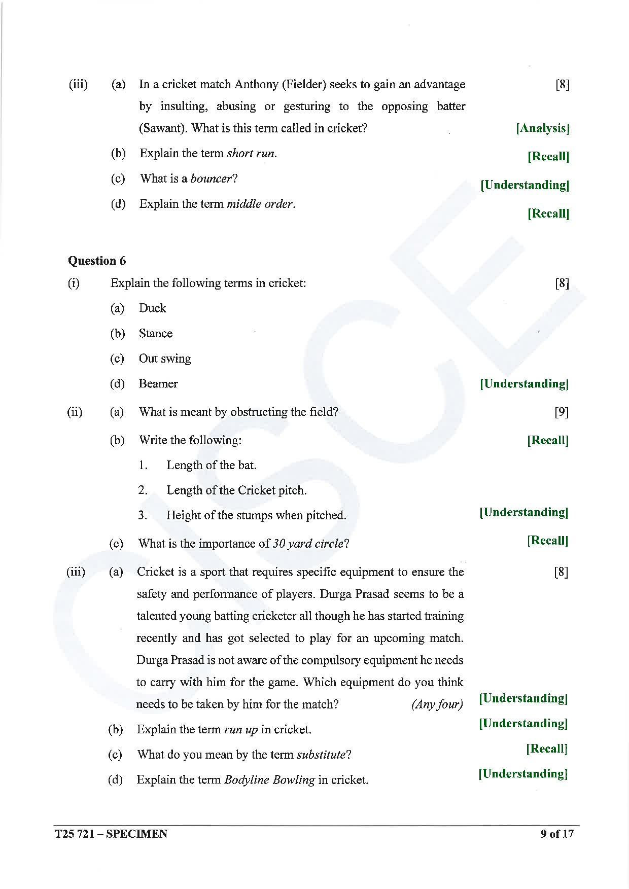 ICSE Board Sample Paper for class 10 Physical Education