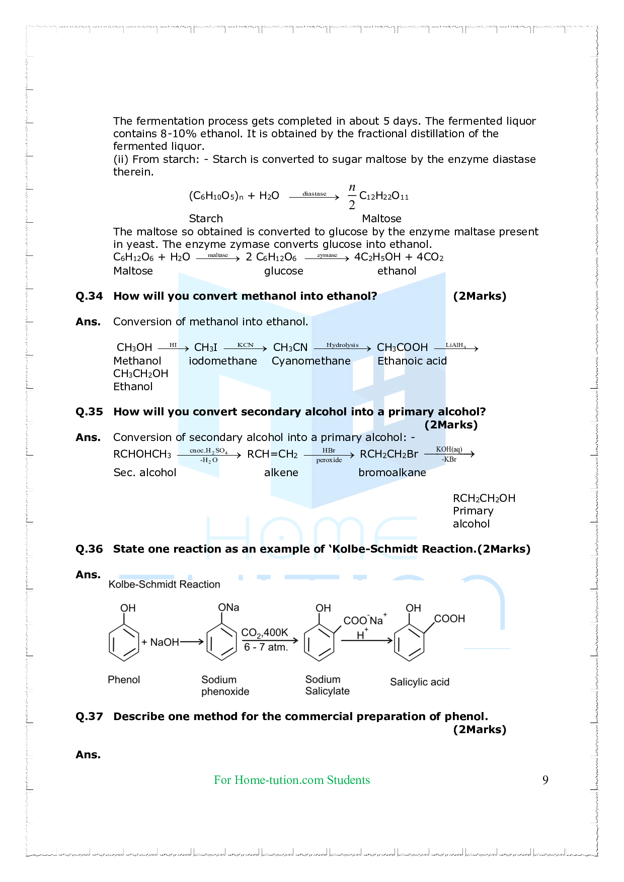 Chapter 11 Alcohols, Phenols, and Ethers Important Questions