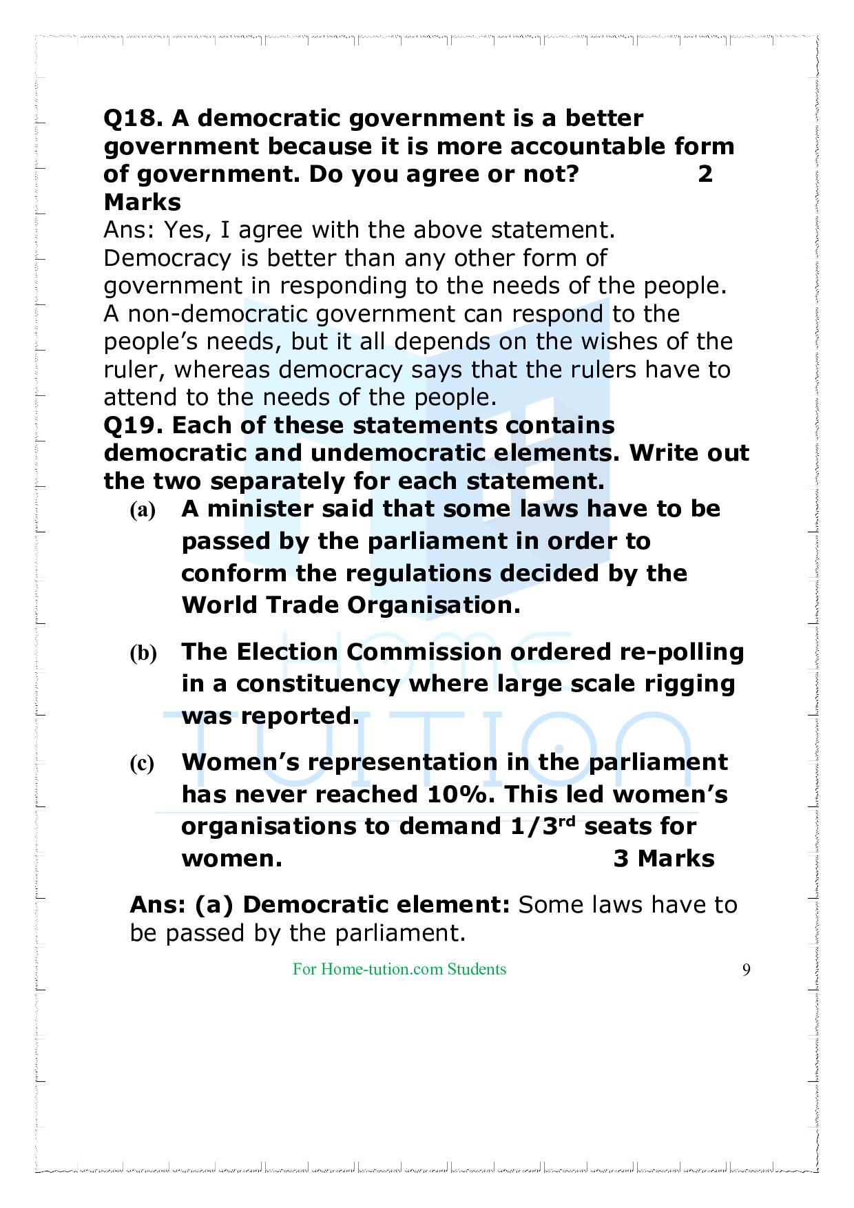 Questions for Class 9 Civics Chapter 1 What is Democracy? Why Is Democracy?