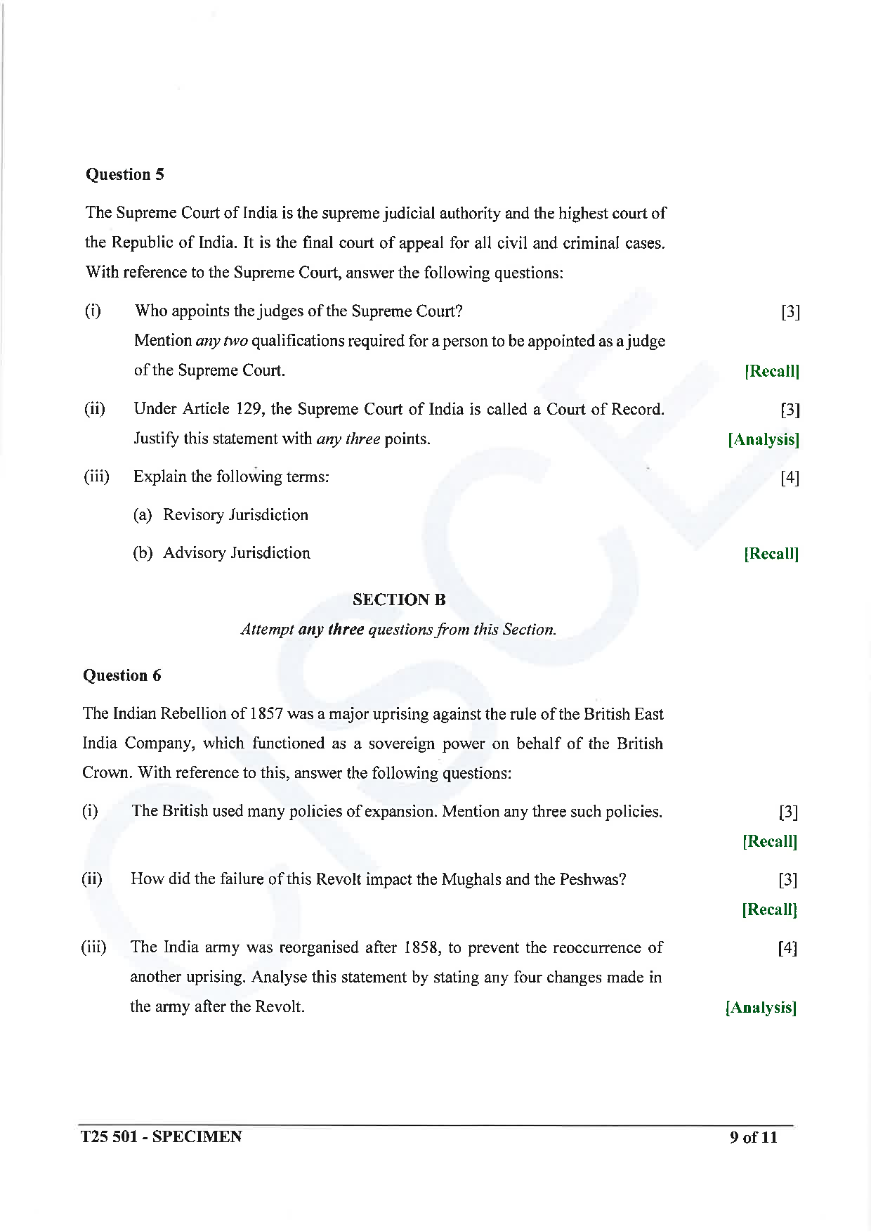 ICSE Board Sample Paper for class 10 History & Civics