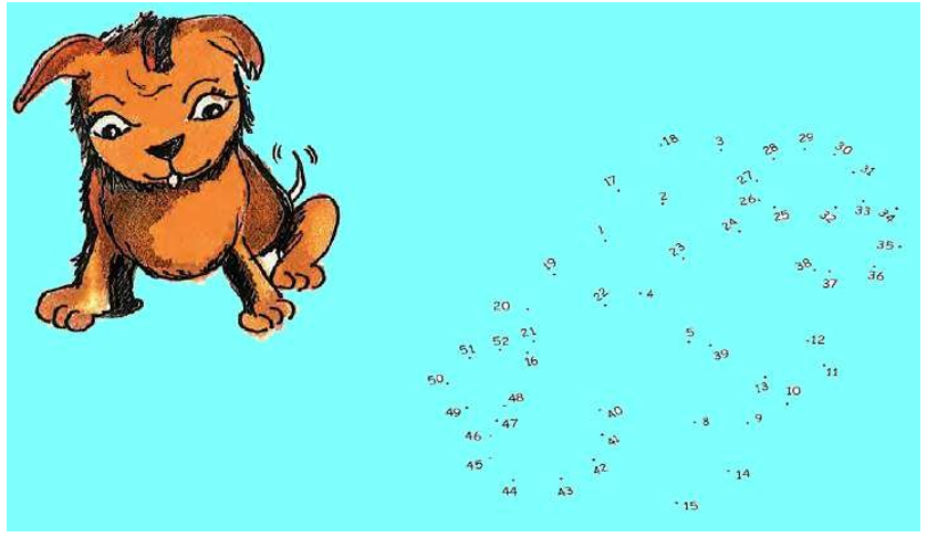 Jojo doggy is hungry. Join the dots in order, from 21 to 52, and find out what is hidden for him to eat