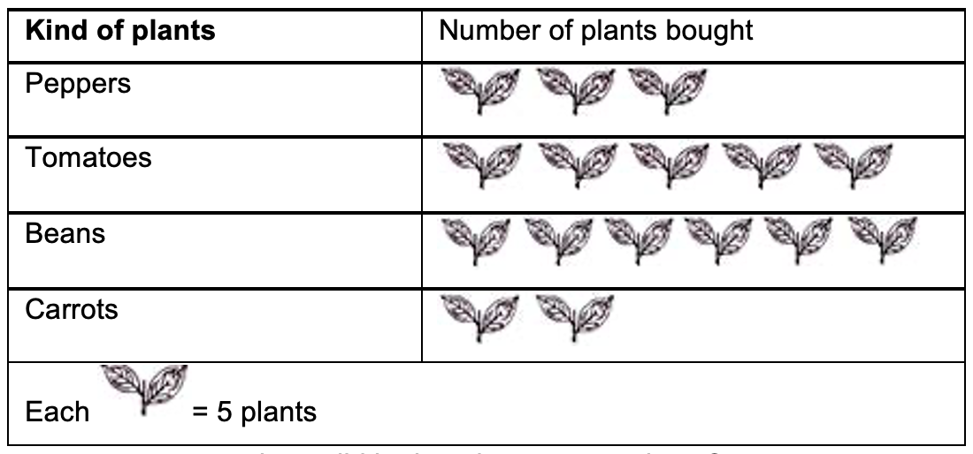 pictograph shows the number of 4 different kinds of plants Mohit bought